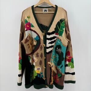 Storybook Knits Cardigan Large Safari Zoo Giraffe Lion Zebra Leopard Artsy